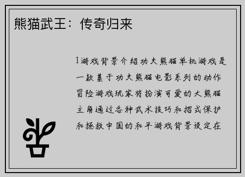 熊猫武王：传奇归来